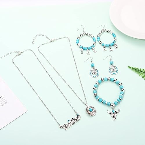 Miniatura 8 de Aretes de turquesa, collar, pulsera, conjunto de joyería, bohemio, vaquera occidental, herradura de la suerte, Yee Haw, aretes colgantes
