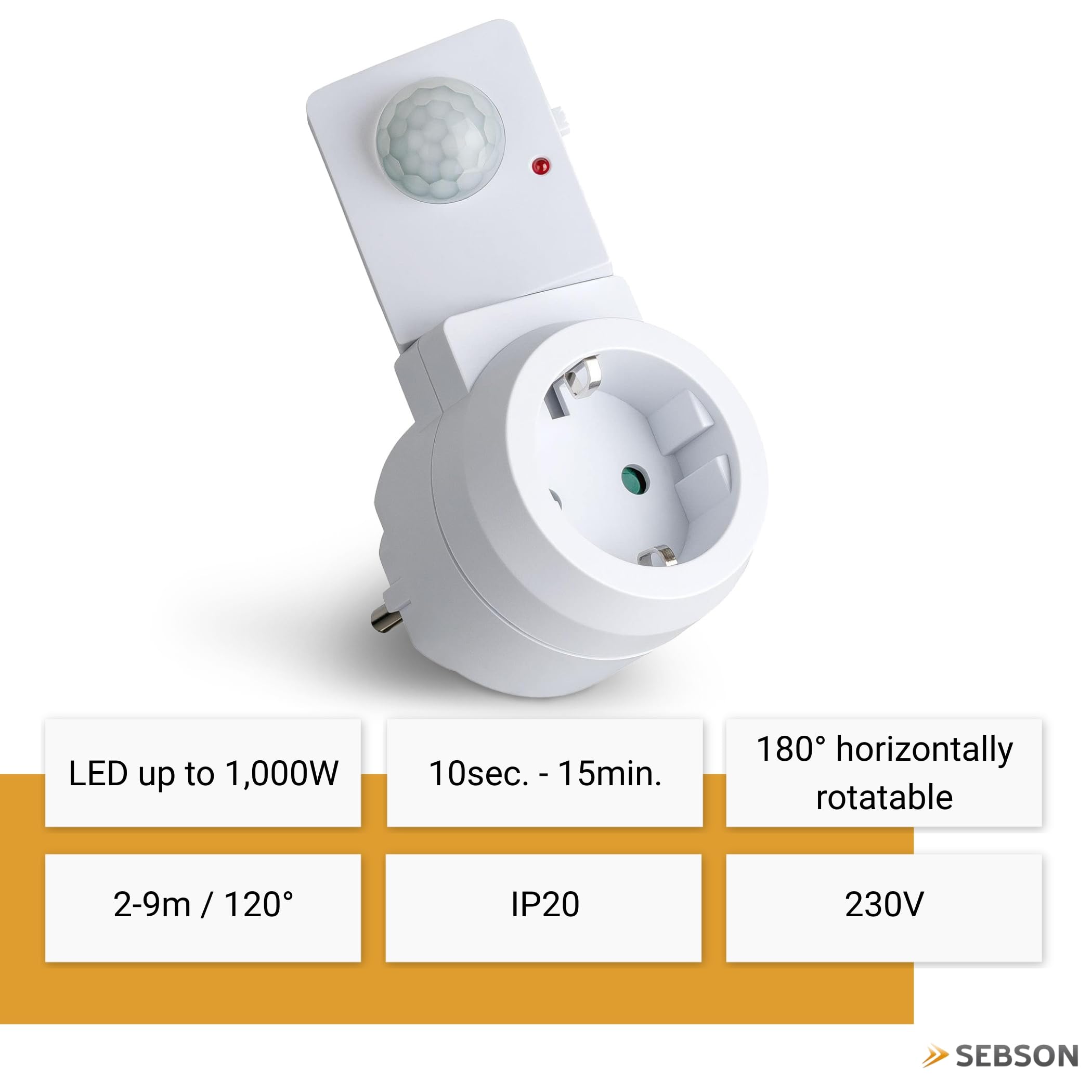 SEBSON Wtyczka pośrednia PIR czujnik ruchu, obrotowy czujnik | Wtyczka Schuko 230 V, programowalna, maks. 1000 W LED, adapter do gniazd wtykowych wewnątrz