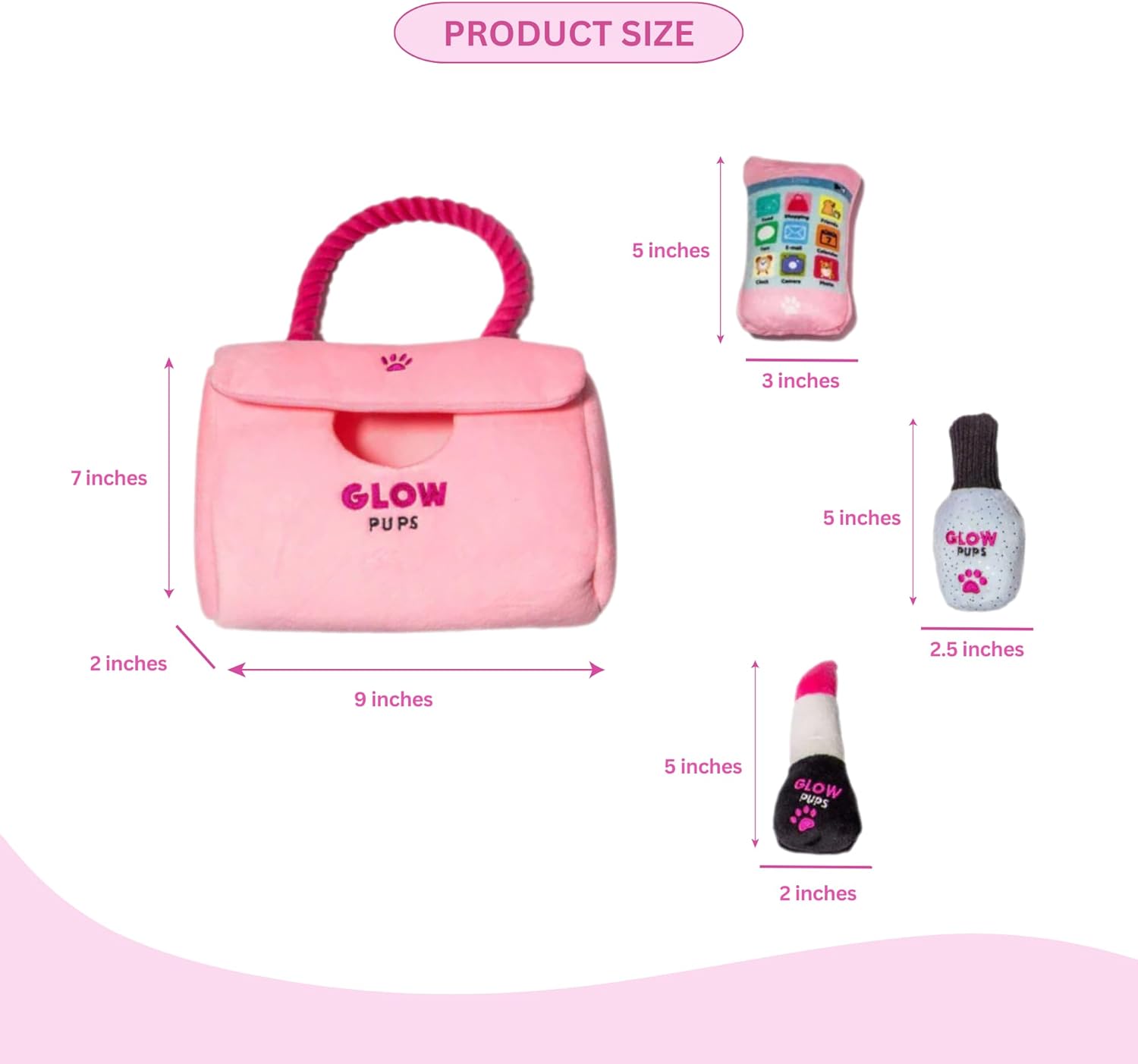 Glow Pups "Brunch & Boujee Pawty Pack: Pink Designer-Style Plush Purse Set (Includes Paw-Phone, Lipstick, Nail Polish) & Plush Champagne Brut Champagne Bottle Squeaky Dog Toys (5-Piece Set)