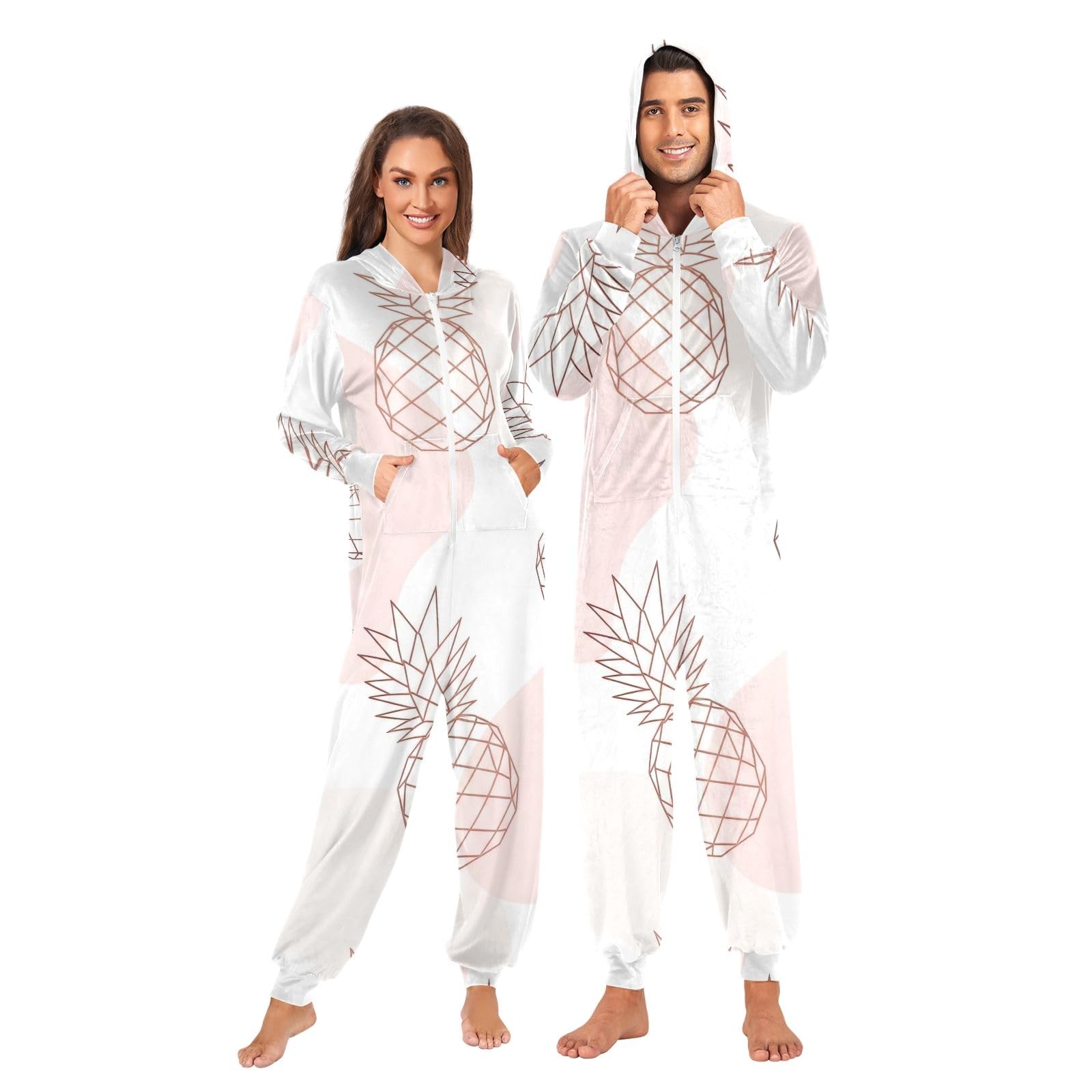 Pigiama intero natalizio con ananas, bianco e rosa, per adulti, unisex, in morbido pile con cappuccio e cerniera