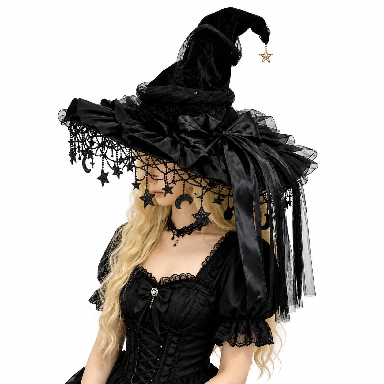 Gothic Pointed Witch Hat Star Moon Pendants Multi‑Layer Ribbons for Cosplay