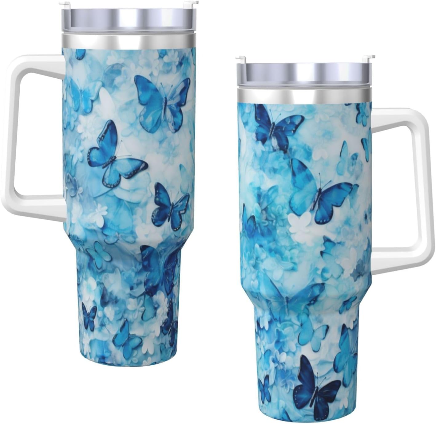 40 OZ Blue Butterfly Print Ice Bully Cup with Handle Straw Lid Straw,Stainless Steel Tumbler Coffee Cup