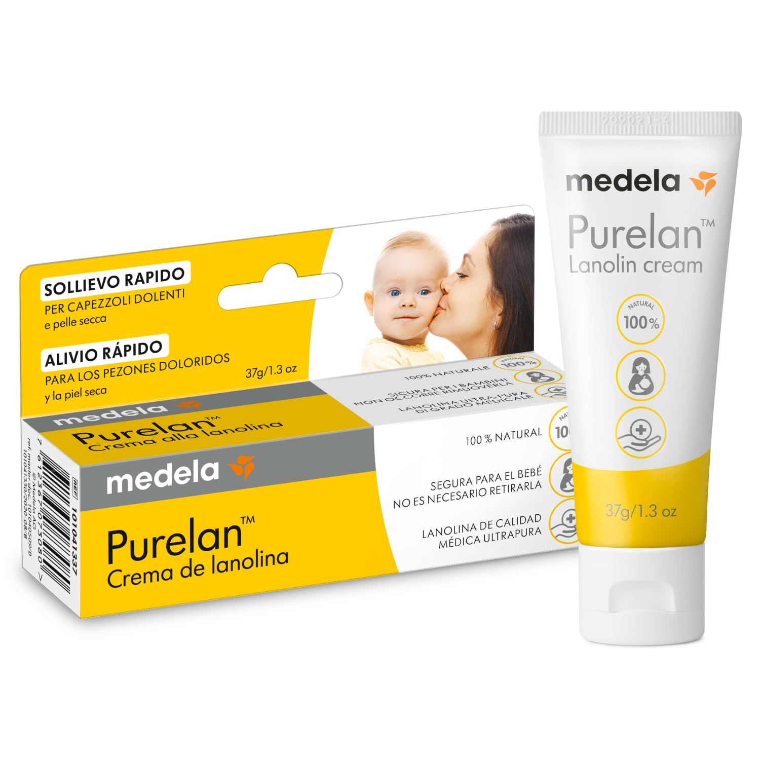 Medela crema de lanolina Purelan para pezones, alivio para pezones doloridos y piel seca, a base de ingredientes naturales, hipoalergénica y probada dermatológicamente, sin fragancia, 37 g