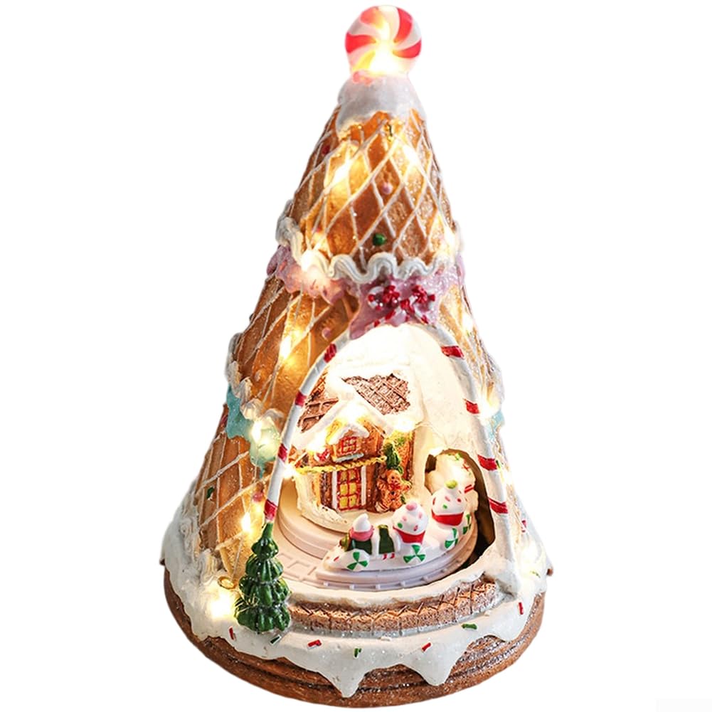 Casette di Natale in resina con scena di neve, villaggio di neve rotante con musica e luce LED per Natale e feste in casa (B)
