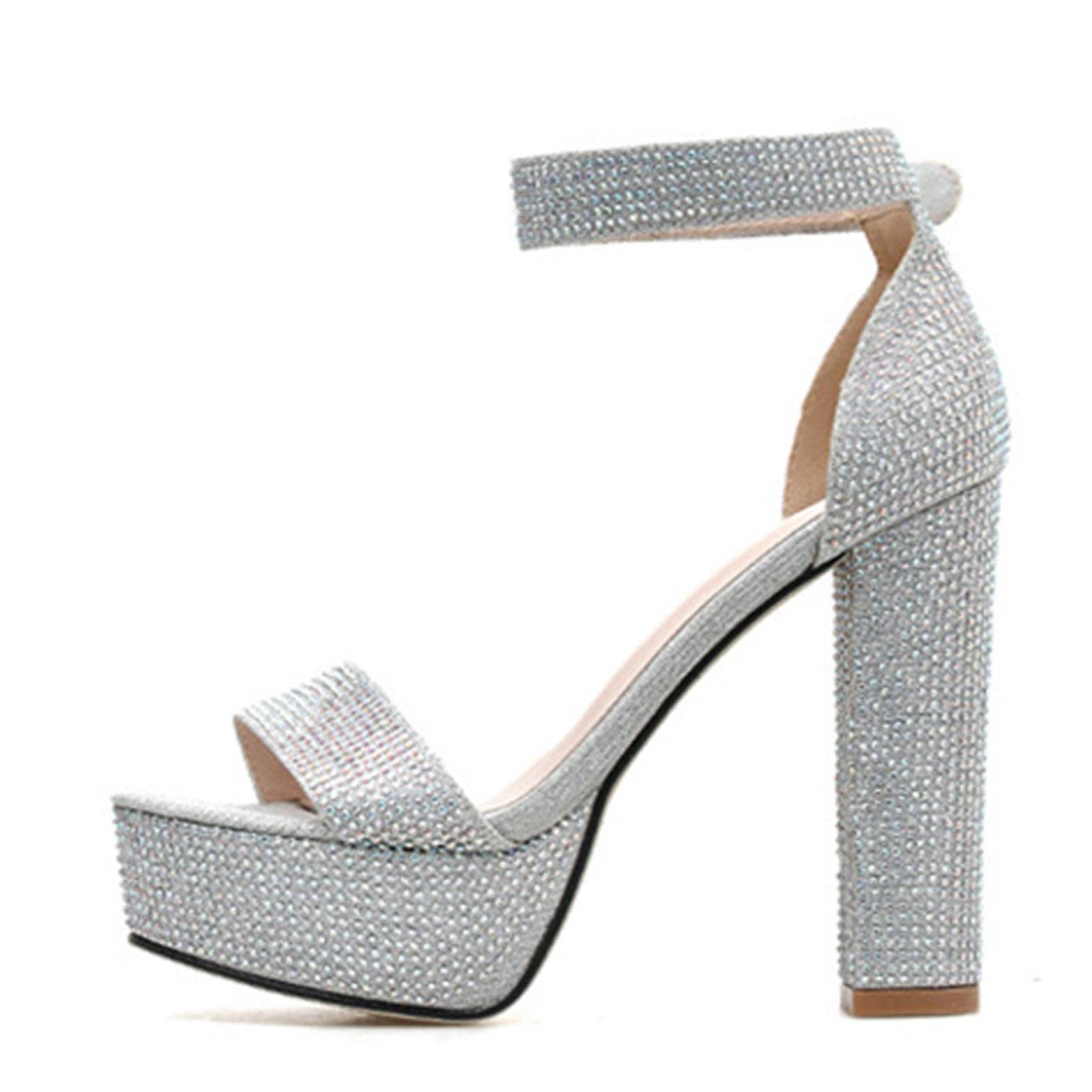 DSAI Sandali con plateau in argento con strass, punta aperta e cinturino alla caviglia, con tacco quadrato, scarpe da sposa da donna, colore argento, 35