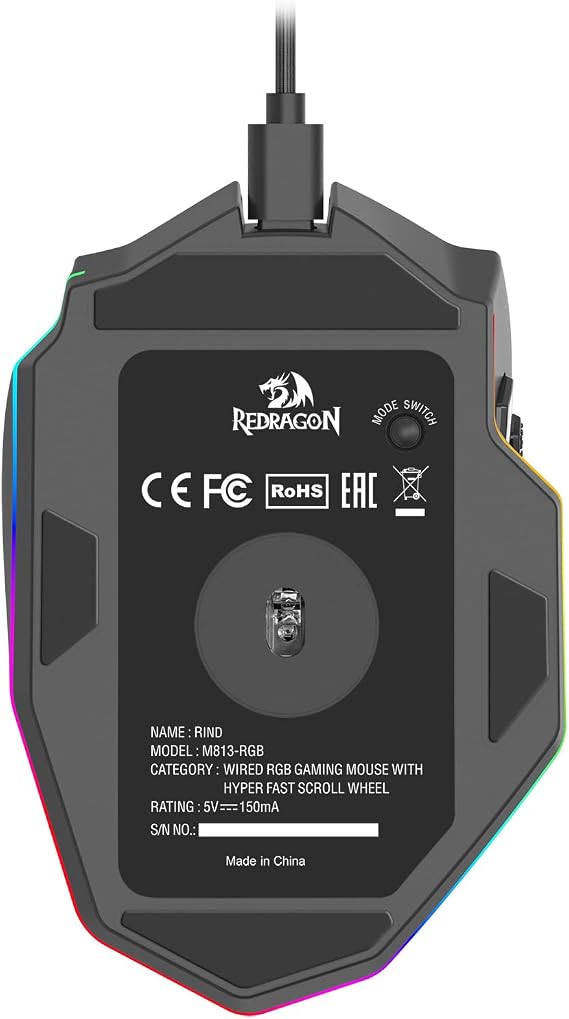 Redragon M813 Wired RGB Gaming Mouse with 4D Dual Mode Scroll Wheel Optical Ergonomic Gamer Mouse up to 16,000 DPI High Precision Sensor 3333 7 Macro Buttons Software Support