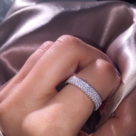 925 Sterling Silver Shiny Full Diamond Ring Classic Three Rows Cubic Zirconia Rings CZ Diamond Ring Eternity Fashion Band Ring for Women (US Code 6)