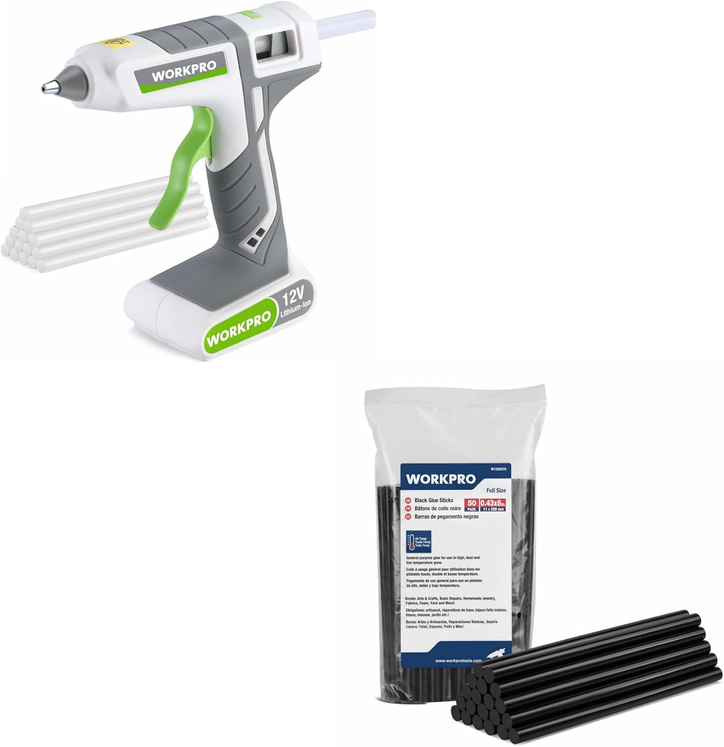 WORKPRO Full Size Cordless Hot Melt Glue Gun and 50 Pack Hot Glue Sticks Full Size, 0.43x8 Inches