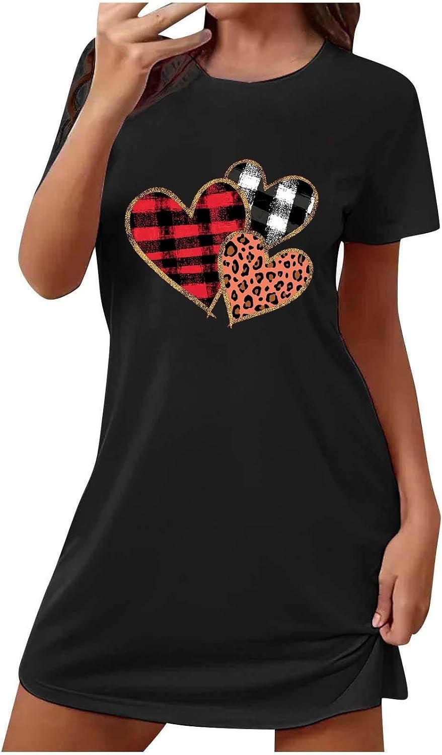 Women Valentine Nightgowns Plus Size Leopard Heart Graphic Night Gown Crew Neck Sleepwear Short Sleeve Nightdress Gift
