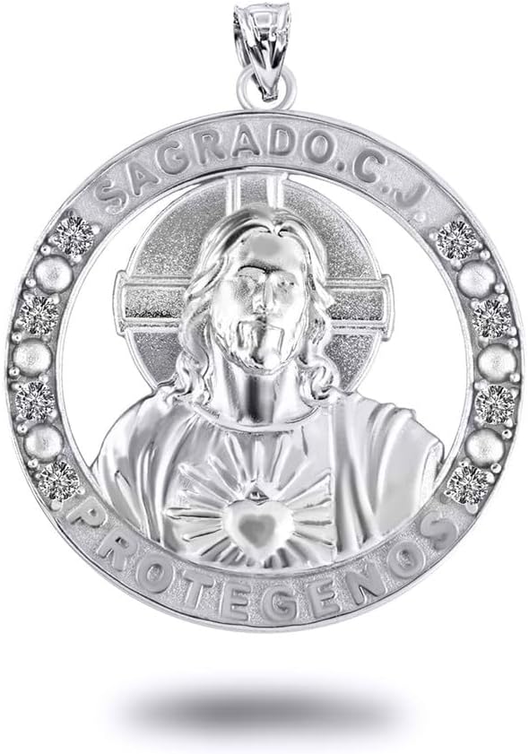 Claddagh Gold .925 Sterling Silver Sacred Heart Of Jesus/Sagrado Corazon De Jesus Protegenos CZ Medalla Pendant Necklace - Choose Pendant Only or Necklace with Chain