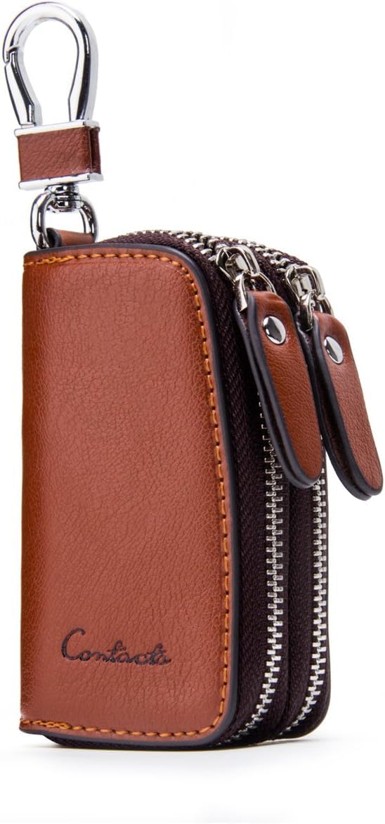 Leather Car Key case Keychain Bag Unisex Large 2 Zip Leather Wallet Cover Car Key Brown-image-10