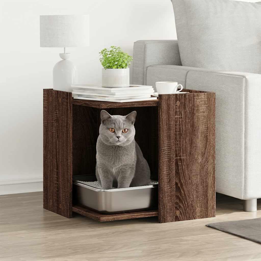 Katzentoilette Versteck in Eichen-Optik, Katzenhaus als Beistelltisch, diskreter Katzenklo Schrank aus Holzwerkstoff, 53x53x51 cm, platzsparendes Katzenmöbel für Katzenzubehör