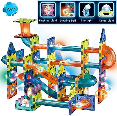 Glowing Magnetic Tiles Marble Run Race Track Super Set - 110 Complete Pieces Glow in The Dark STEM Light Magnetic Building Blocks Gravity Marble Maze Games for Toddlers Kids Boys Girls Ages 3+ Years