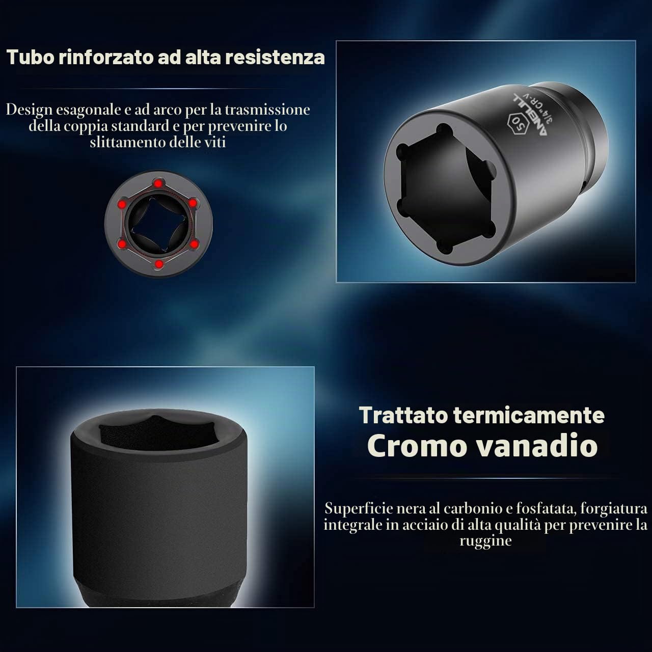 Anbull 21Pcs Set Bussole a Impatto, chiave a bussola 3/4 , 3/4 Pollici Set Chiavi a Bussola a 6 Punte (21-50mm) in acciaio Cr-V, Prese, Metriche