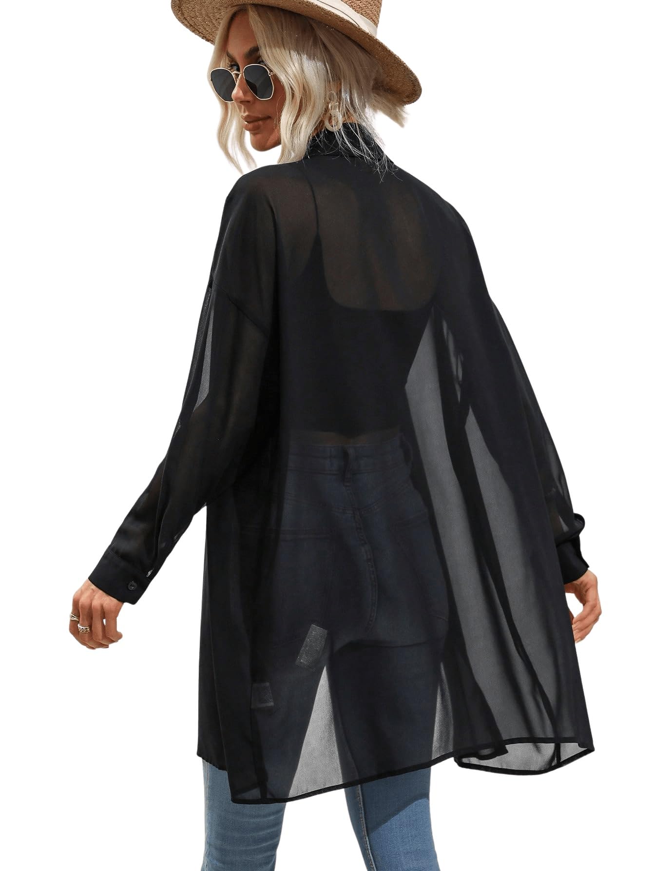 GORGLITTER Camicetta da donna trasparente in rete, con bottoni, larga, lunga in chiffon