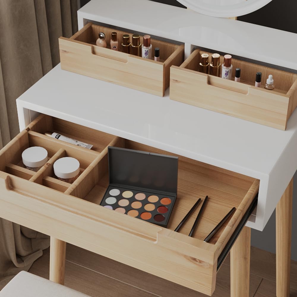 YU YUSING Schminktisch mit LED Beleuchtung und Spiegel, Frisiertisch Kosmetiktisch mit 3 Schubladen Hocker, Einstellbare Helligkeit, 60 cm Make Up Vanity für kleinen Raum, Schlafzimmer, Holzfarbe