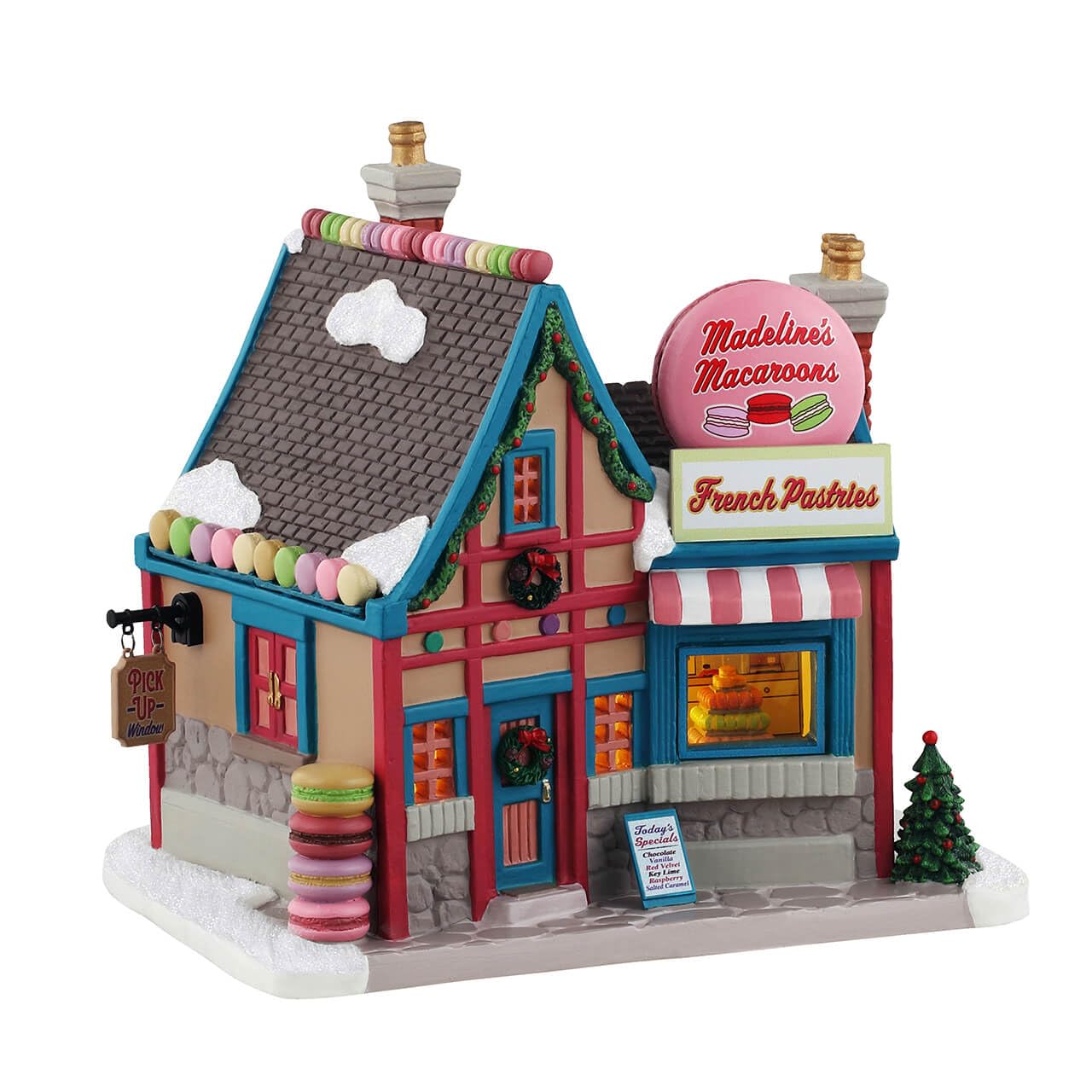 Lemax Multicolor Madeline's Macarons #45246 - Porcelain French Country Sculpture - Ed (Pink, Purple, Green) - Tabletop - Light-Up Feature, Intricate Detailing