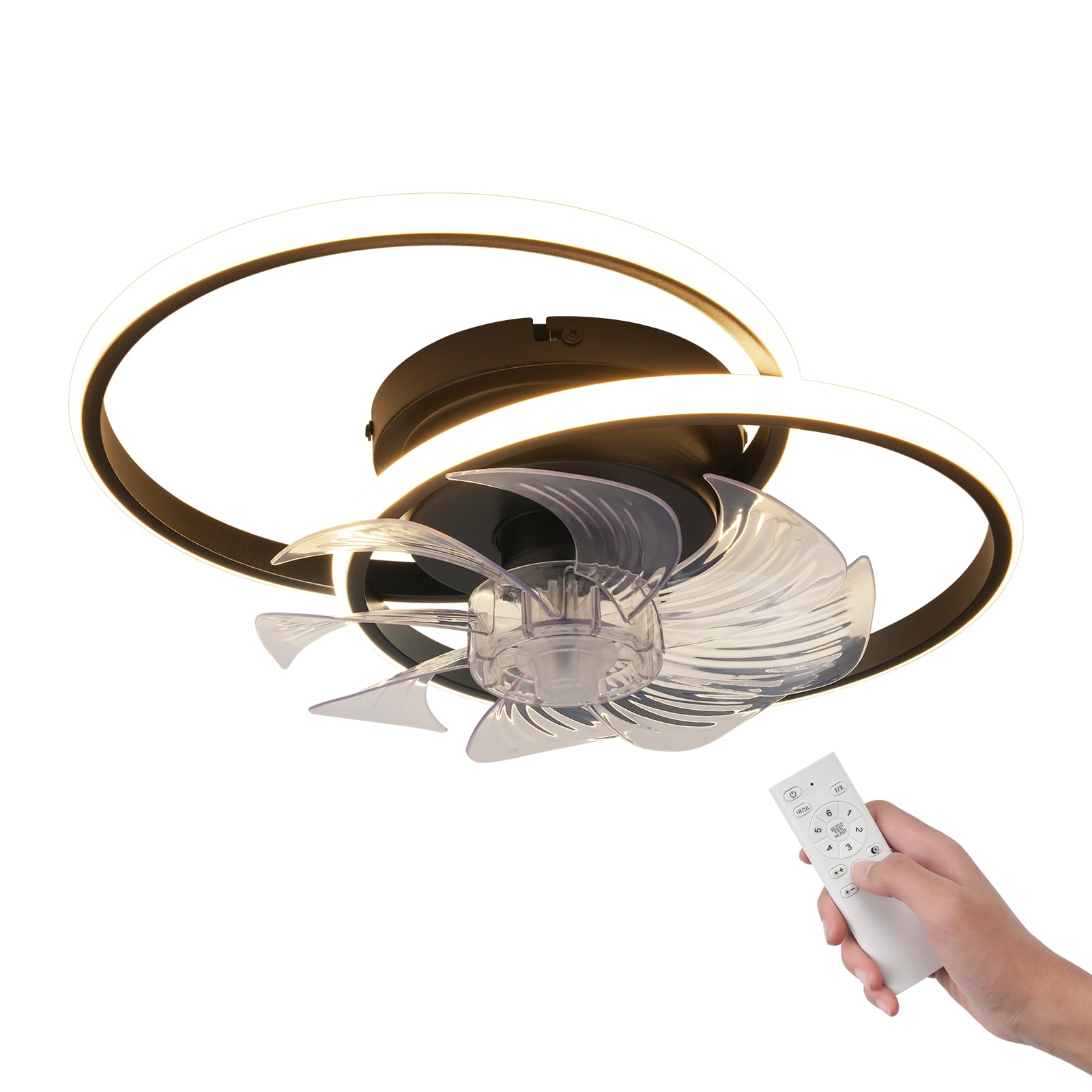 Homefire LED Deckenventilator Mit Beleuchtung 36W Schwarz Leise Deckenlampe Mit Ventilator Fernbedienung 3 Farbtemperatur 6-Gang