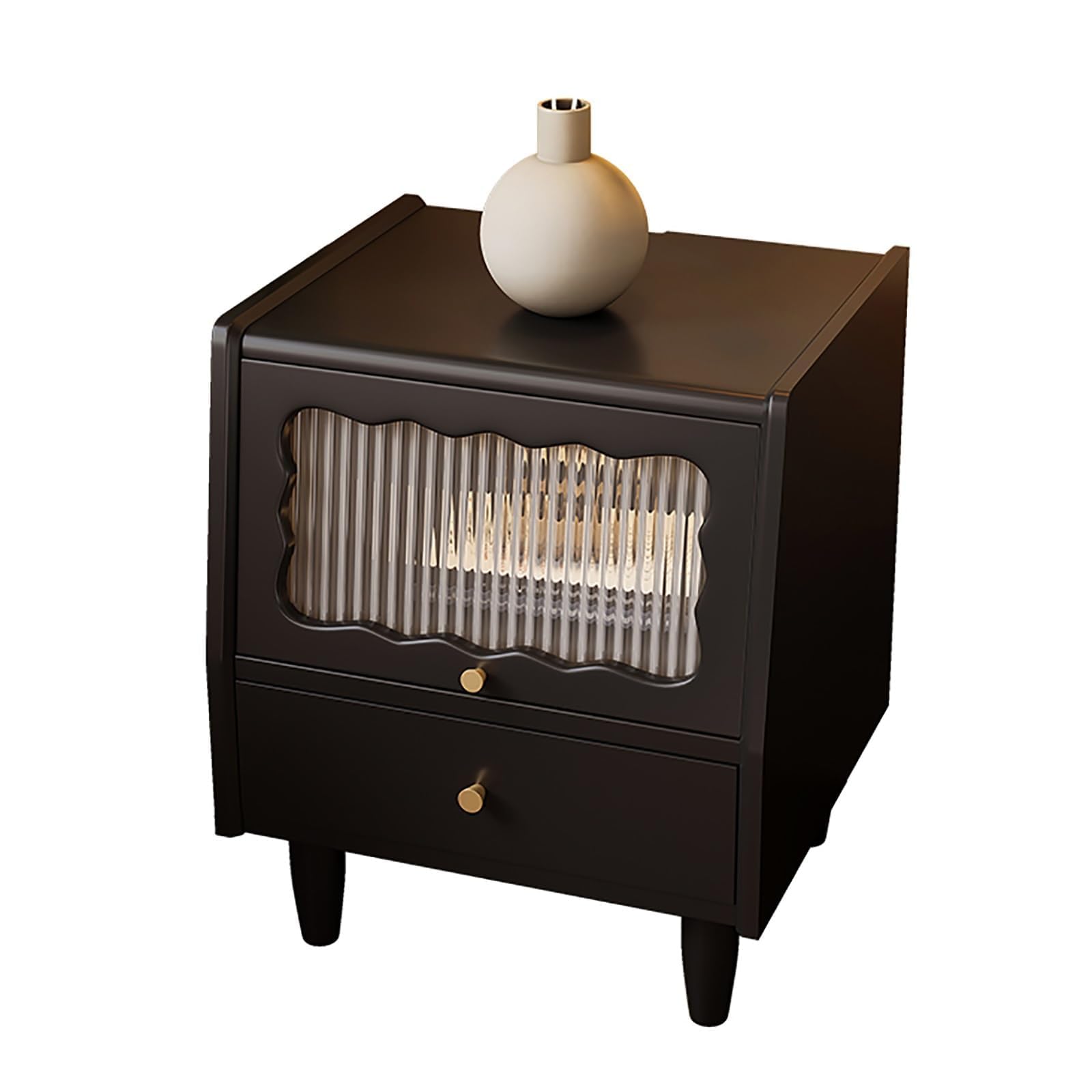 Table de nuit en bois avec tiroirs de rangement et porte en rotin