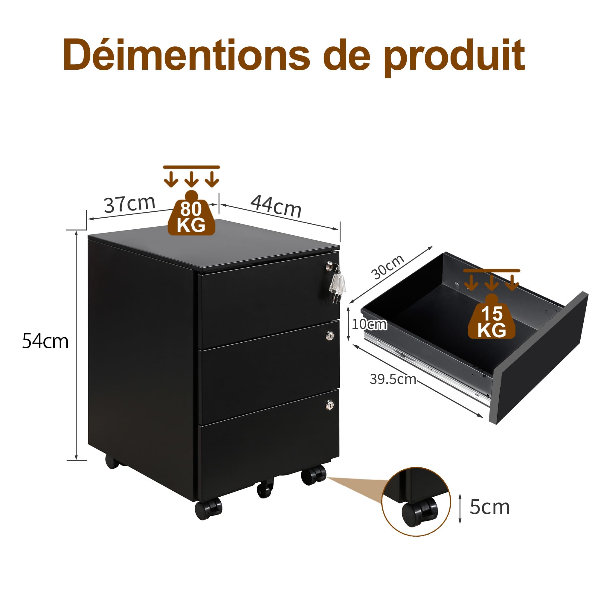 Caisson de Bureau, Meuble de Rangement Bureau, avec 3 Serrures, 4 Clés, Caisson à Tiroirs, 3 Tiroirs, Armoire Métallique, Prémonté, Noir
