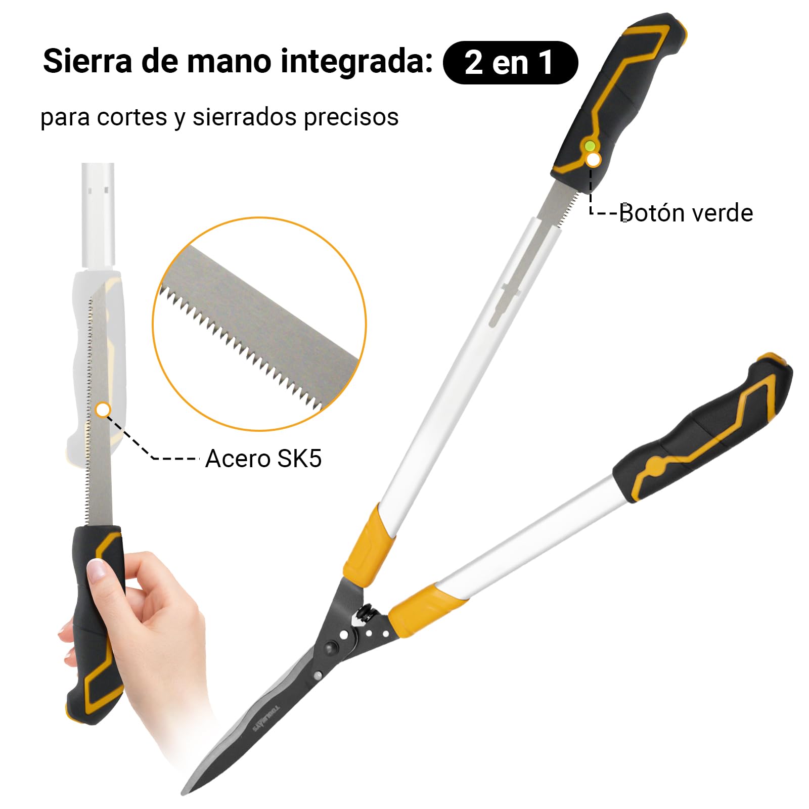 Cortasetos de 78 cm, tijeras de jardín con sierra de mano de 21 cm, tijeras profesionales para setos de jardín manuales con diseño de cabeza en ángulo de 20 °