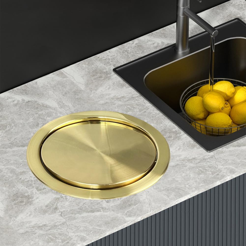 Modern Built-in Countertop Trash Can Lid, Brushed Stainless Steel Garbage Bin Cover, Space-Saving Design Waste Chute Cover for Bathroom Restroom,Gold,228,Rose Gold-228mm(Gold-252mm