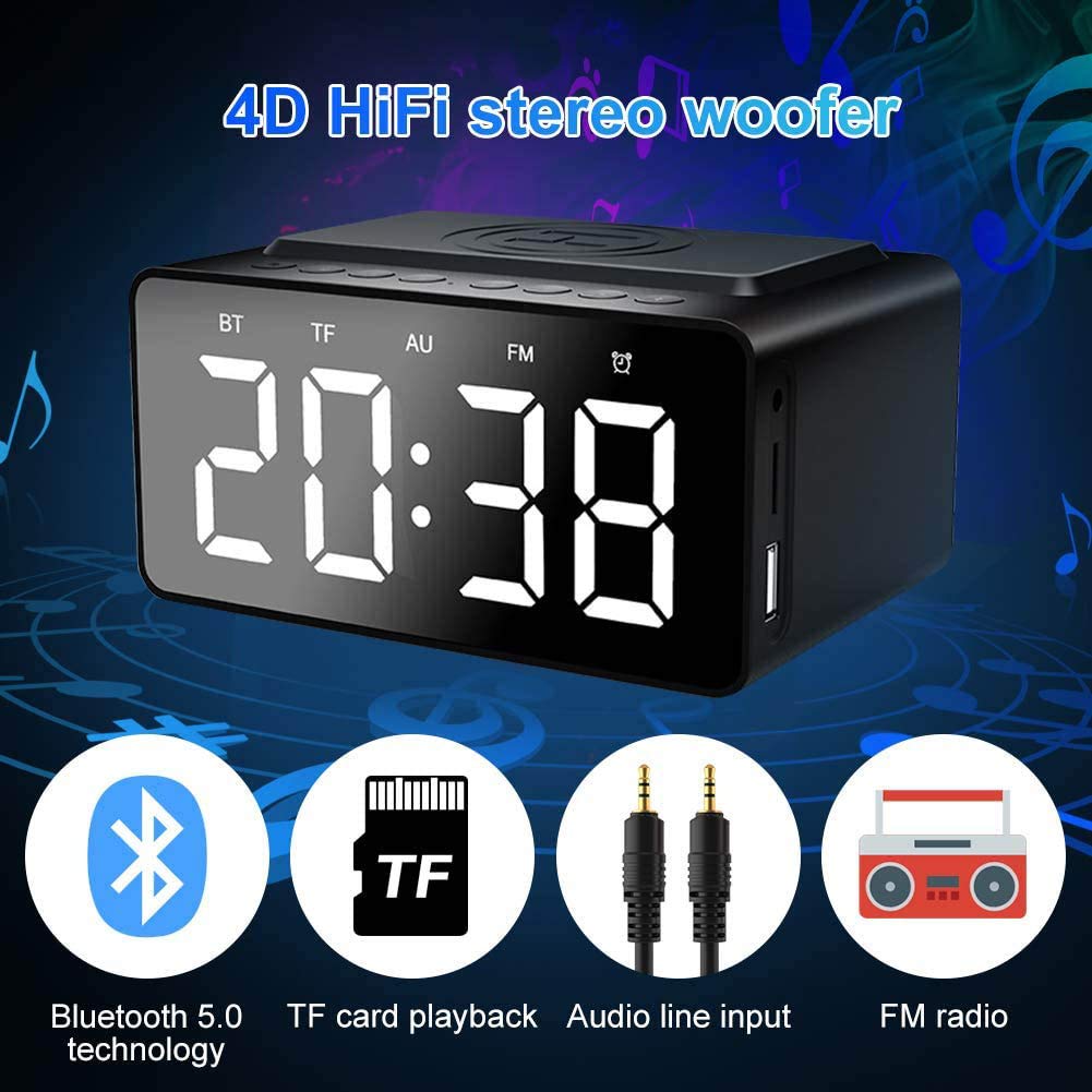 ERNZI Sveglia Altoparlante Bluetooth da comodino Radio FM Non ticchettante con caricatore USB e ricarica wireless QI, Display a led dimmerabile digitale a 3 livelli