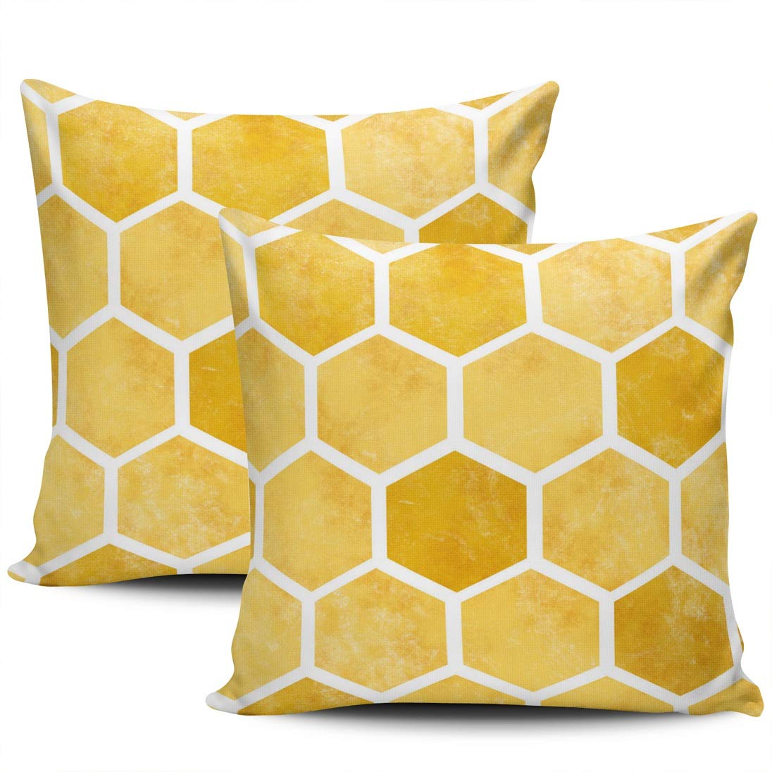 WEINIYA Sofa Decoration Pillowcases 2 Pack Yellow Hexagon Honeycomb Bee Square Cushion Case Throw Pillow Covers 18x18 Inch