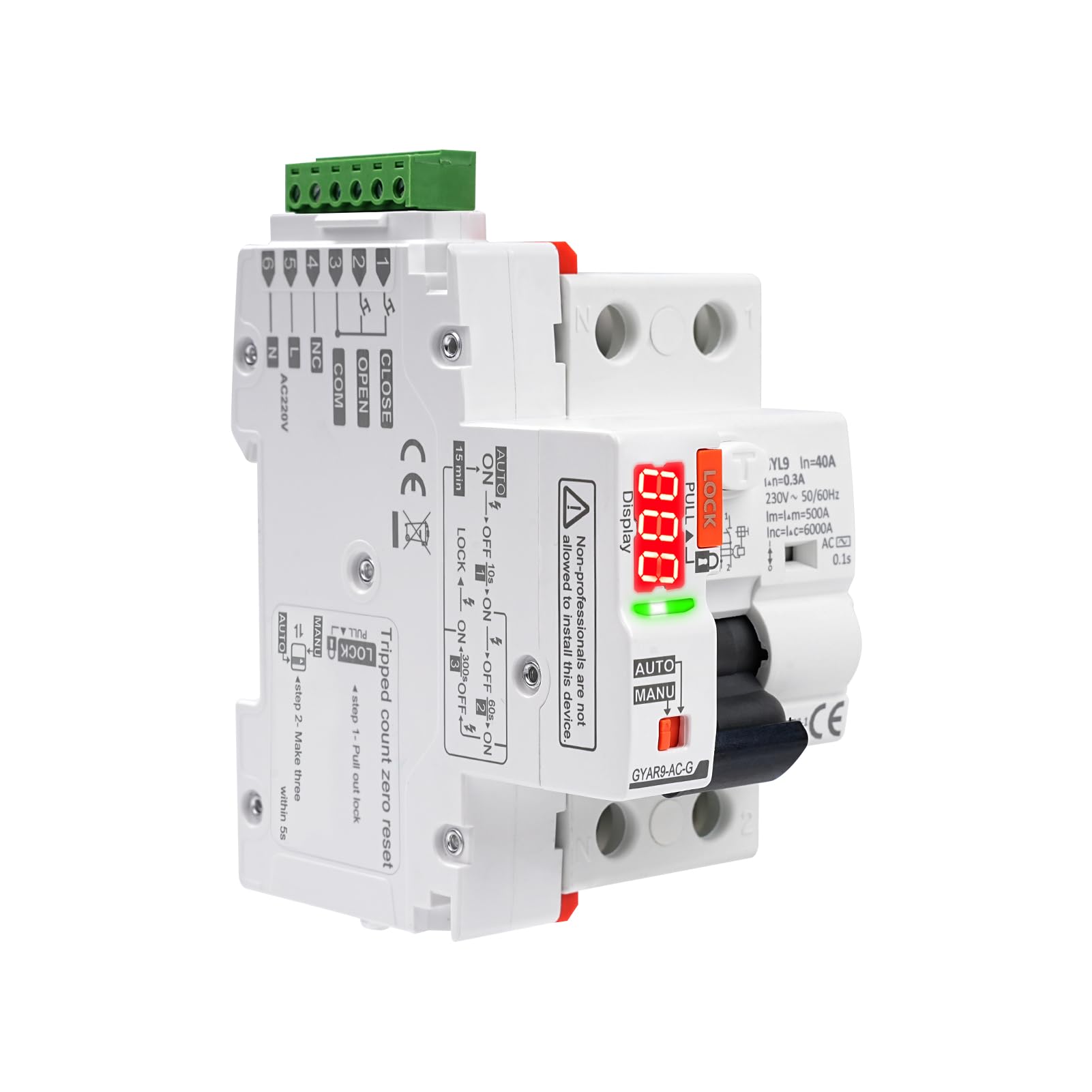 Interruttore magnetotermico differenziale tipo AC Salvavita con riarmo automatico 2P 40A 300mA RCCB AC230V interruttore differenziale a riarmo automatico display digitale LED GYAR9-AC-G