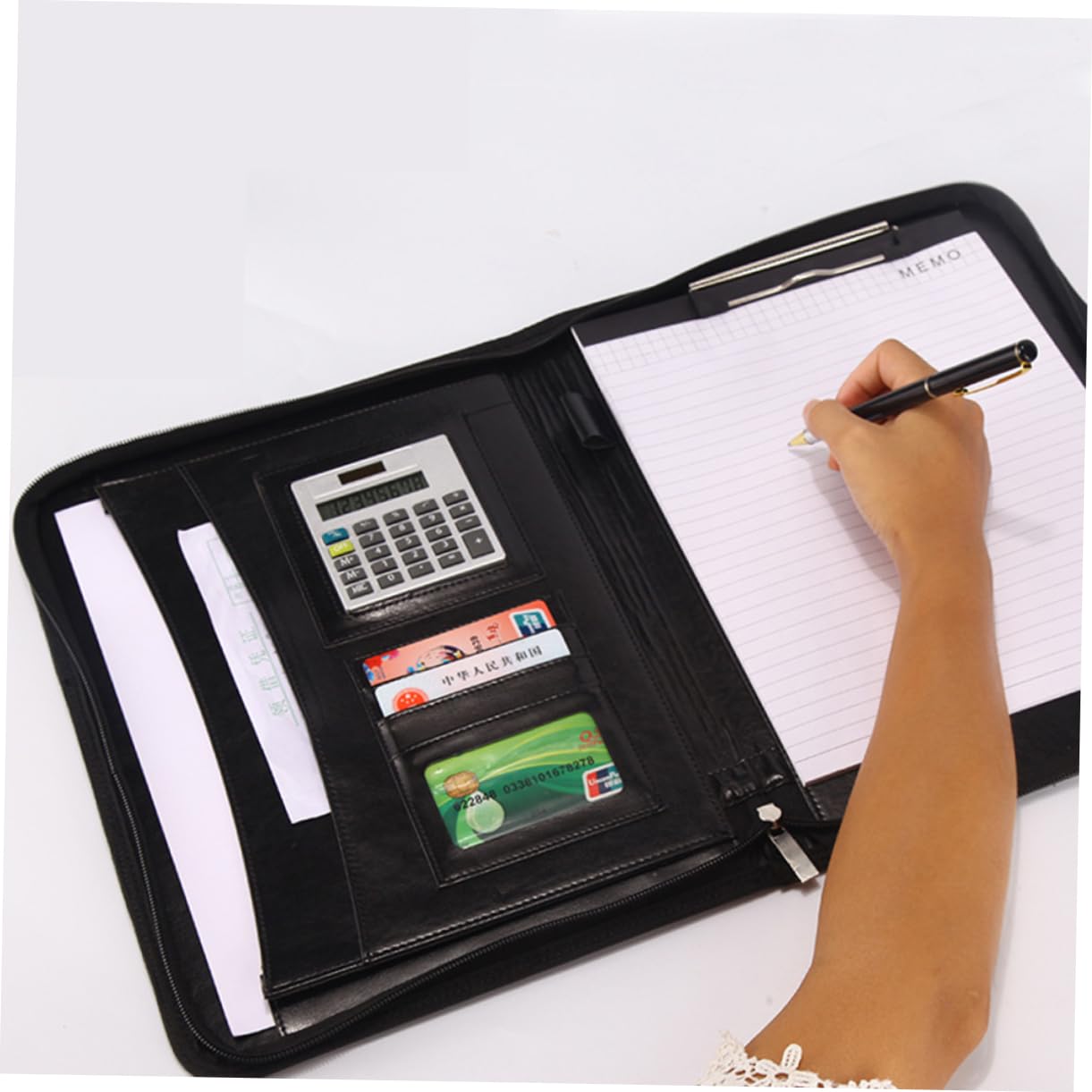 Portefeuille à Fermeture Éclair A4 en Cuir PU avec Calculatrice