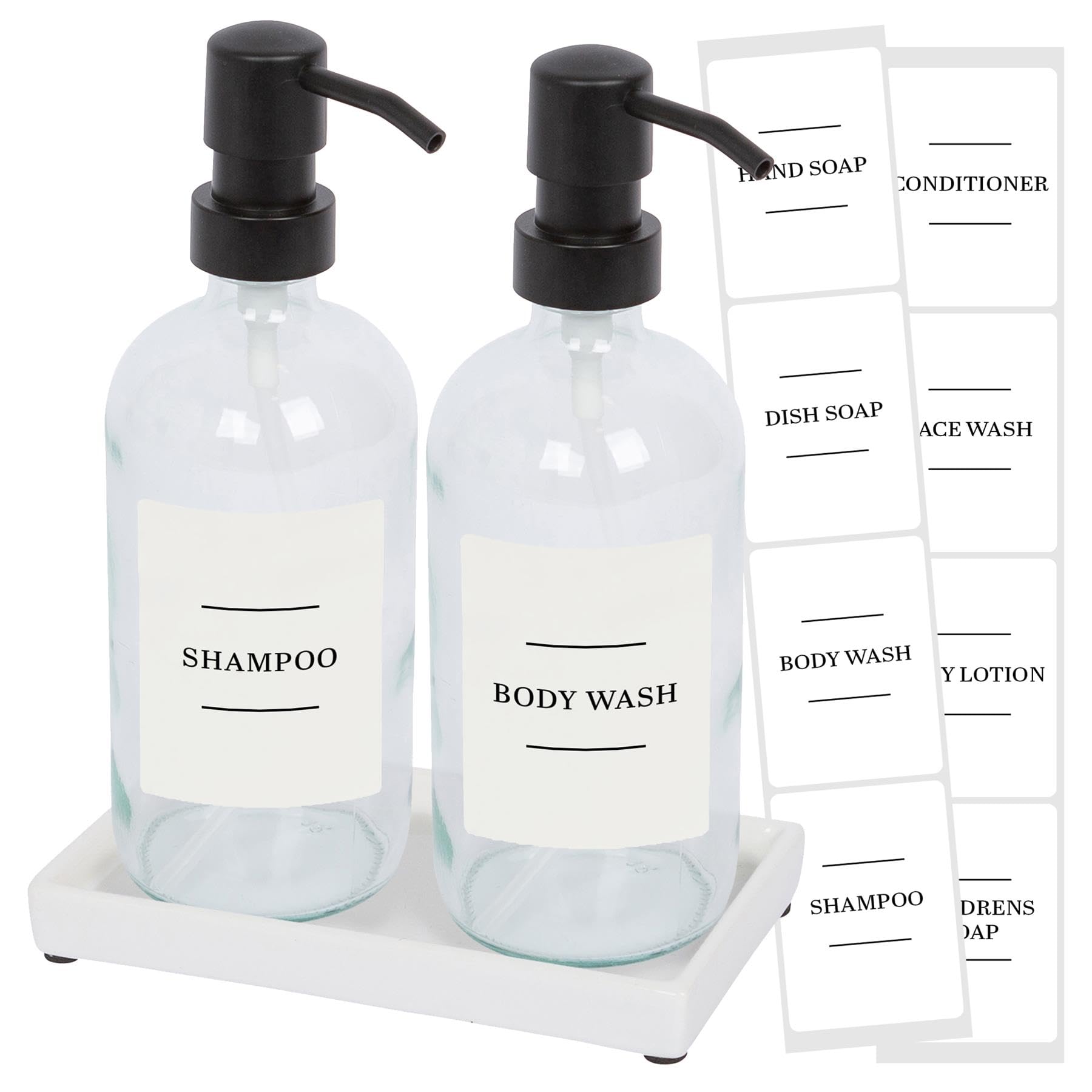 Harbour Housewares 2 Piece Glass Soap Dispenser Set with Ceramic Tray and Labels - 500ml Clear Refillable Bottles with Black Pumps and White Labels - Bathroom Accessories for Hand Wash or Lotion