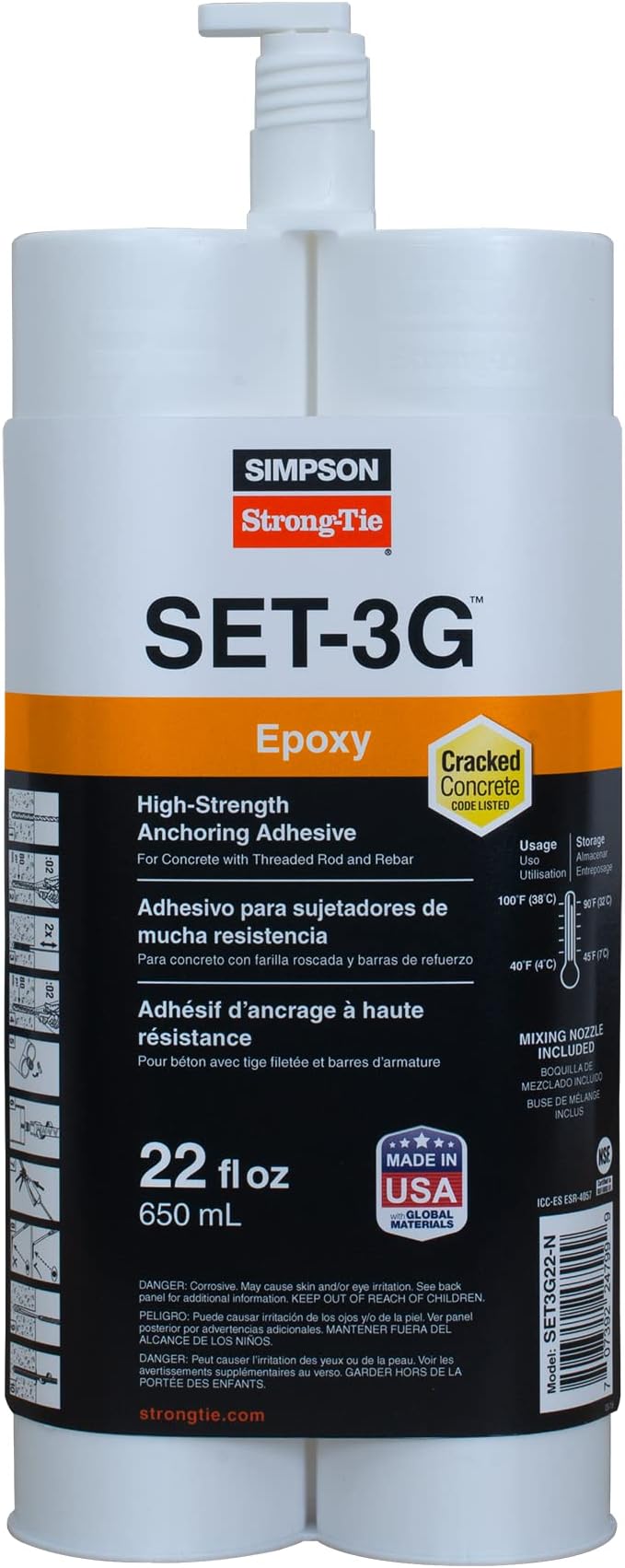 Simpson Strong-Tie SET-3G22-N High-Strength Epoxy Anchoring Adhesive for Threaded Rods, Rebar & Dowels - Superior Bond Strength, Fast Curing, 22 oz Side-by-Side Cartridge