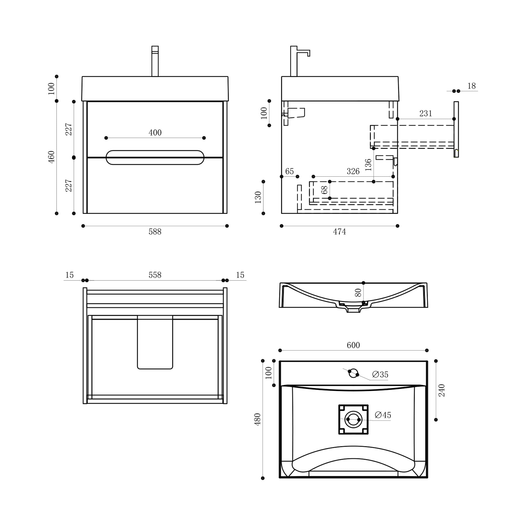 doporro Meuble de Salle de Bain Suspendus Noir Mat 60x48x56cm Ensemble de 2 Pièces Meuble avec Lavabo Design Yoga-Lackier