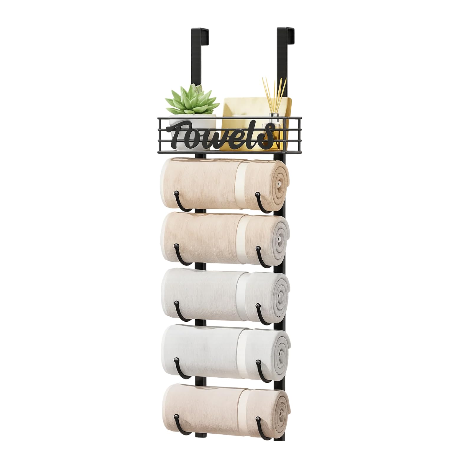 BREEZENEST Over Door Towel Rack Wall Mounted Towel Storage with Metal Shelf Basket Space-Saving Bathroom Towel Holder & Organizer for Behind The Bathroom Living Room and Bedroom Doors 6-Tier