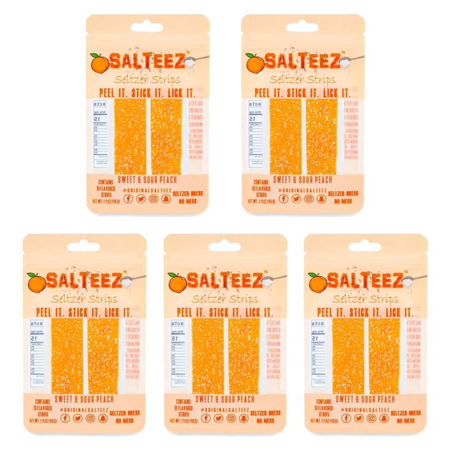 Salteez Seltzer Strips: Sweet & Sour Peach Flavor Strips That Stick to Your Bottle, Can, or Cup - For a Perfectly Dressed Seltzer Anytime Anywhere! (Sweet & Sour Peach, 5 Pack)