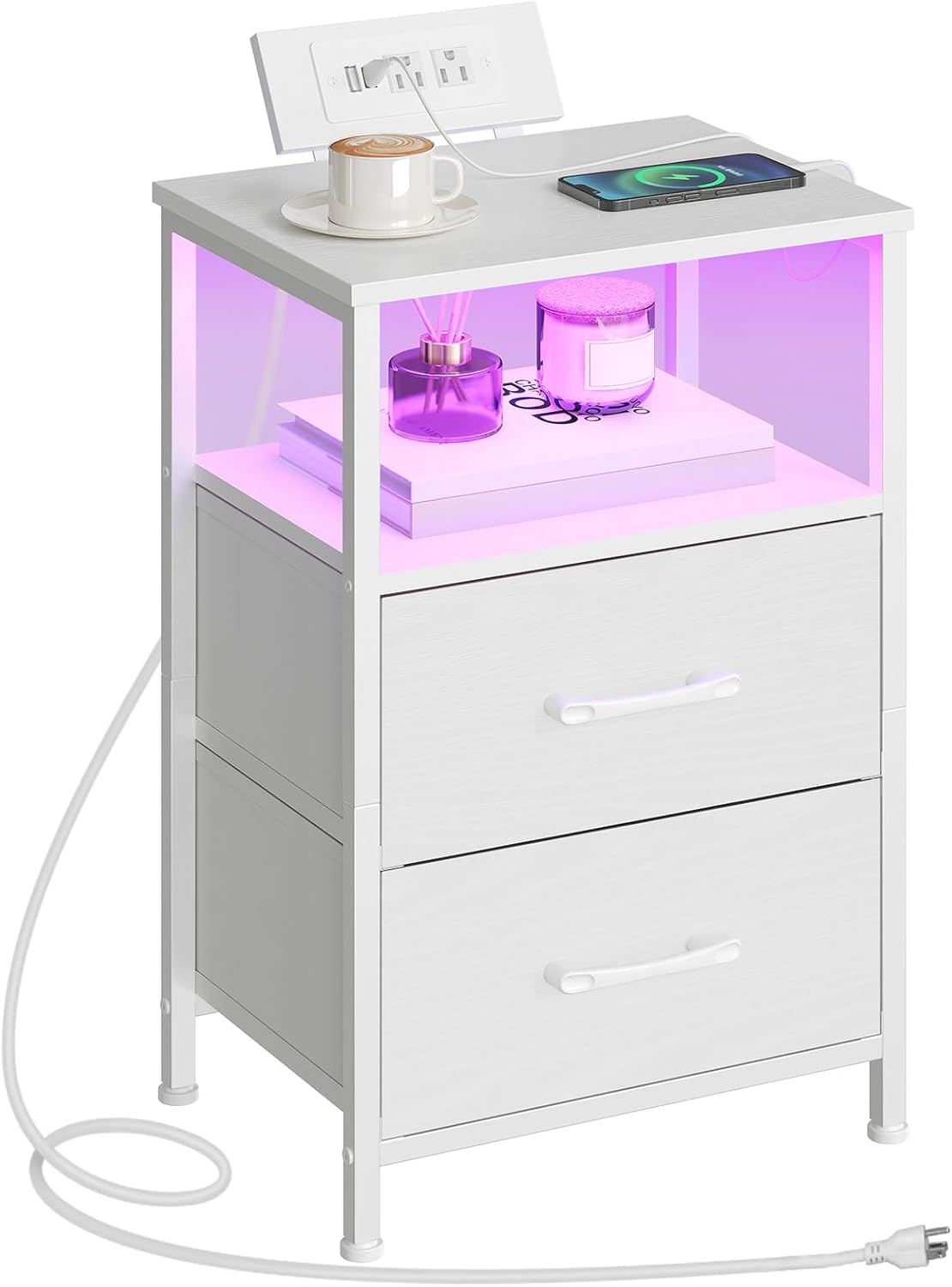 HOOBRO Nightstand with Charging Station, Bedside Table with LED Lights and 2 Fabric Drawers, End Table with 2 AC Outlets and USB Port, Small Night Stand for Bedroom, White WT118UDBZ01