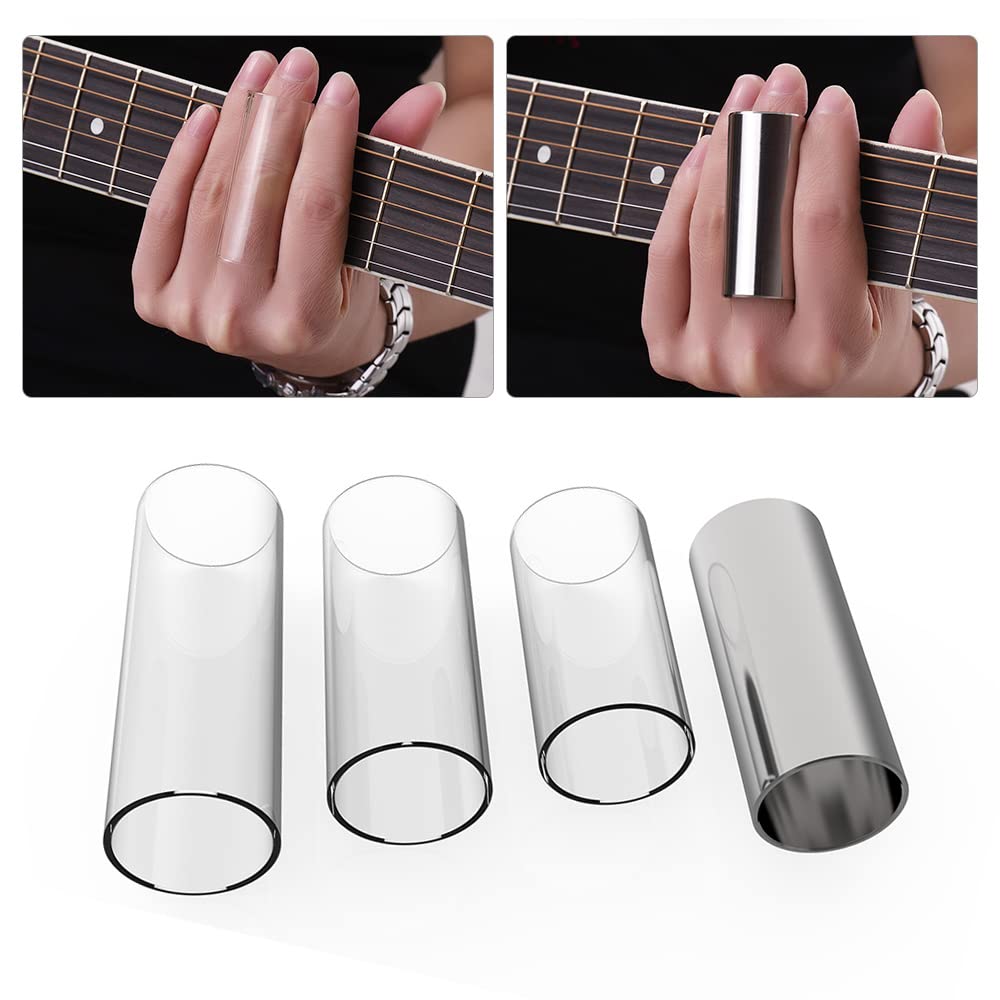ACAGALA Guitar Slides Set Includes 3 Glass Slides (5.1cm/ 6cm/ 7cm) + 1 Stainless Steel Slide (6cm) + 4pcs Celluloid Thumb & Finger Picks(Random Color Delivery) with Plastic Storage Box