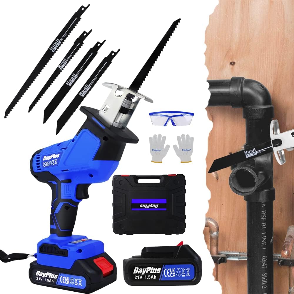 680W Garden Cordless Reciprocating Saw，Brushless 21V Cordless Wood Saw，1500mAh Battery Sabre Saw，4 Saw Blades Tree Branches PVC Metal，1900RPM Variable Speed Electric Saws，Blue+black