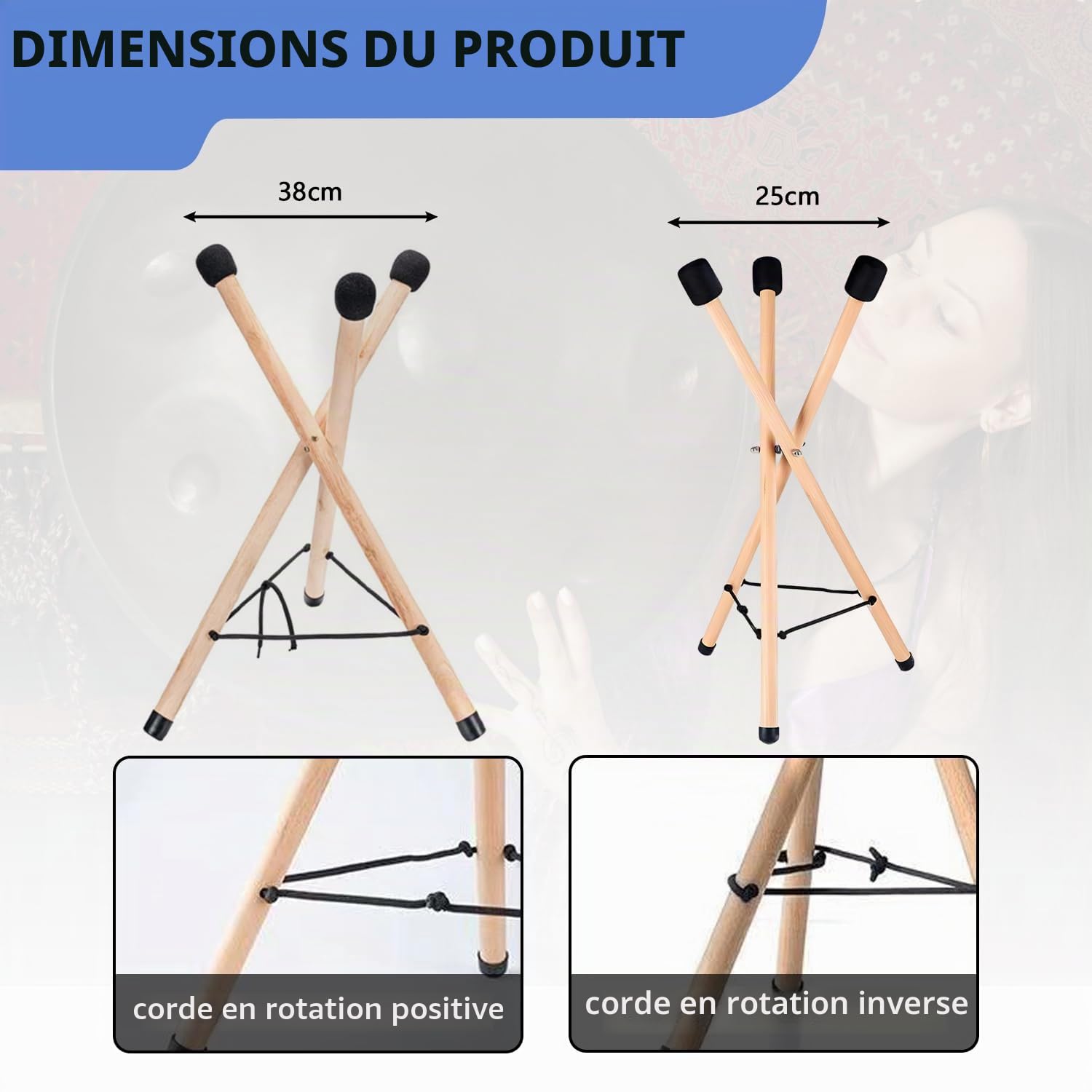 Support de tambour à langue en acier, support de tambour à main en bois de hêtre massif, support de tambour de réservoir, idéal pour instrument de percussion de 10'' à 15''