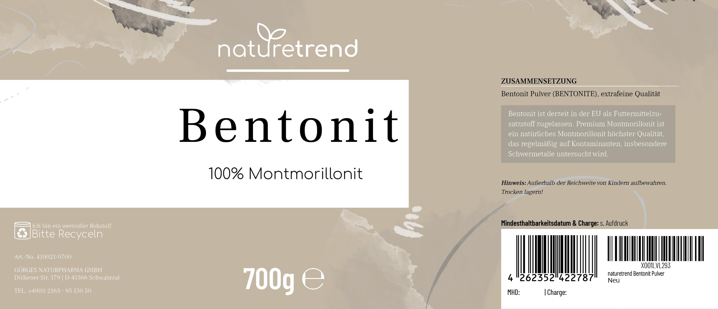 naturetrend proszek bentonit Montmorillonit 700 g – naturalny w jakości premium – bardzo drobno zmielony, bez dodatków, czysty i naturalny tlenek glinu