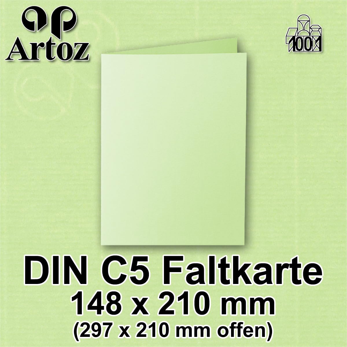 ARTOZ 100 x kartki składane DIN A5 – zielone brzozowe (zielone), prążkowane, 148 x 210 mm, składane kartki podwójne, puste kartki 220 g/m², szlachetne prążkowanie Egoutteur