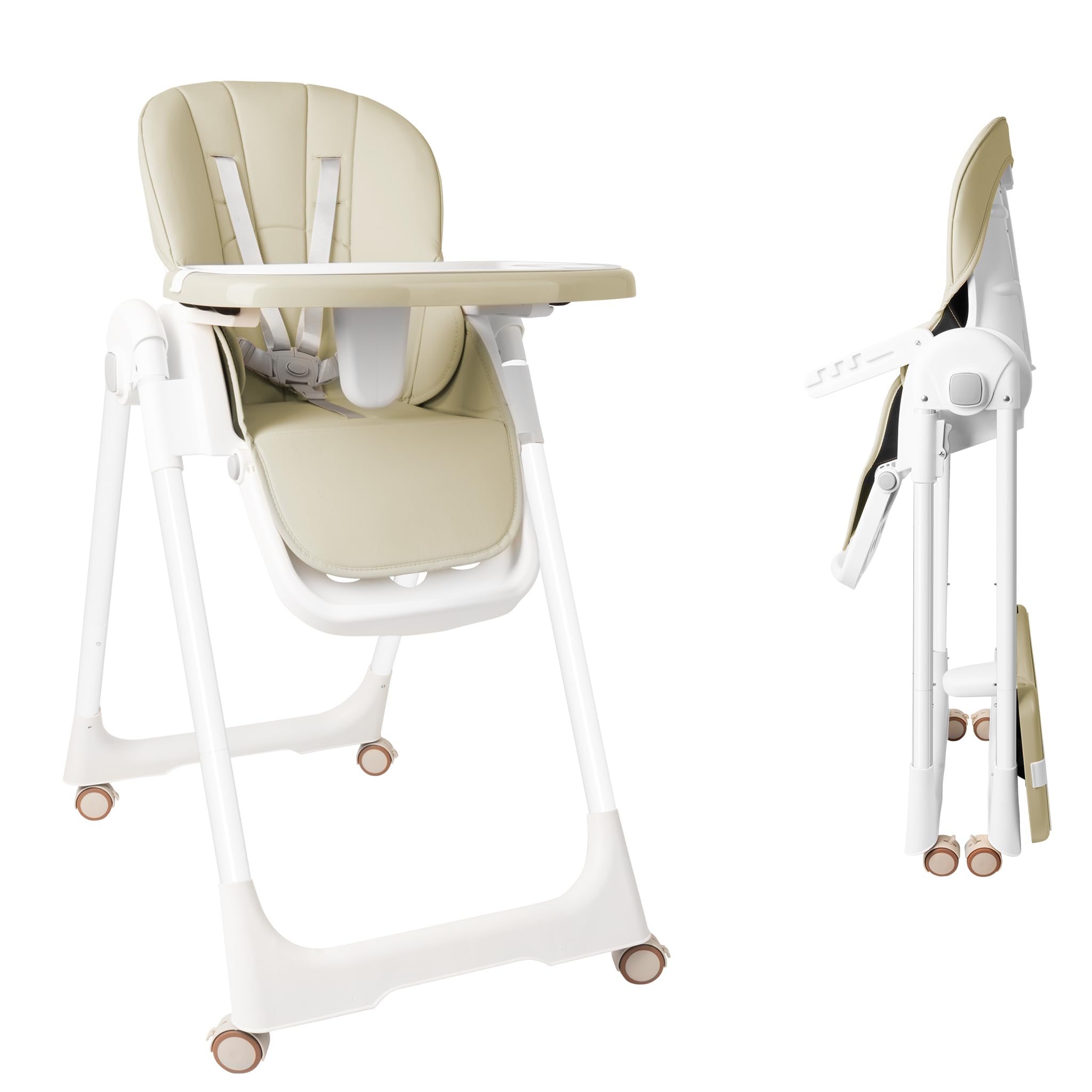 FIVMEN Hochstuhl Baby Klappbar Kinderstuhl Kinderhochstuhl Höhenverstellbarer mit Liegefunktion und 5-Punkt-Gurt Tragbarer Babystuhl Babyhochstuhl für Zuhause und Unterwegs, Beige