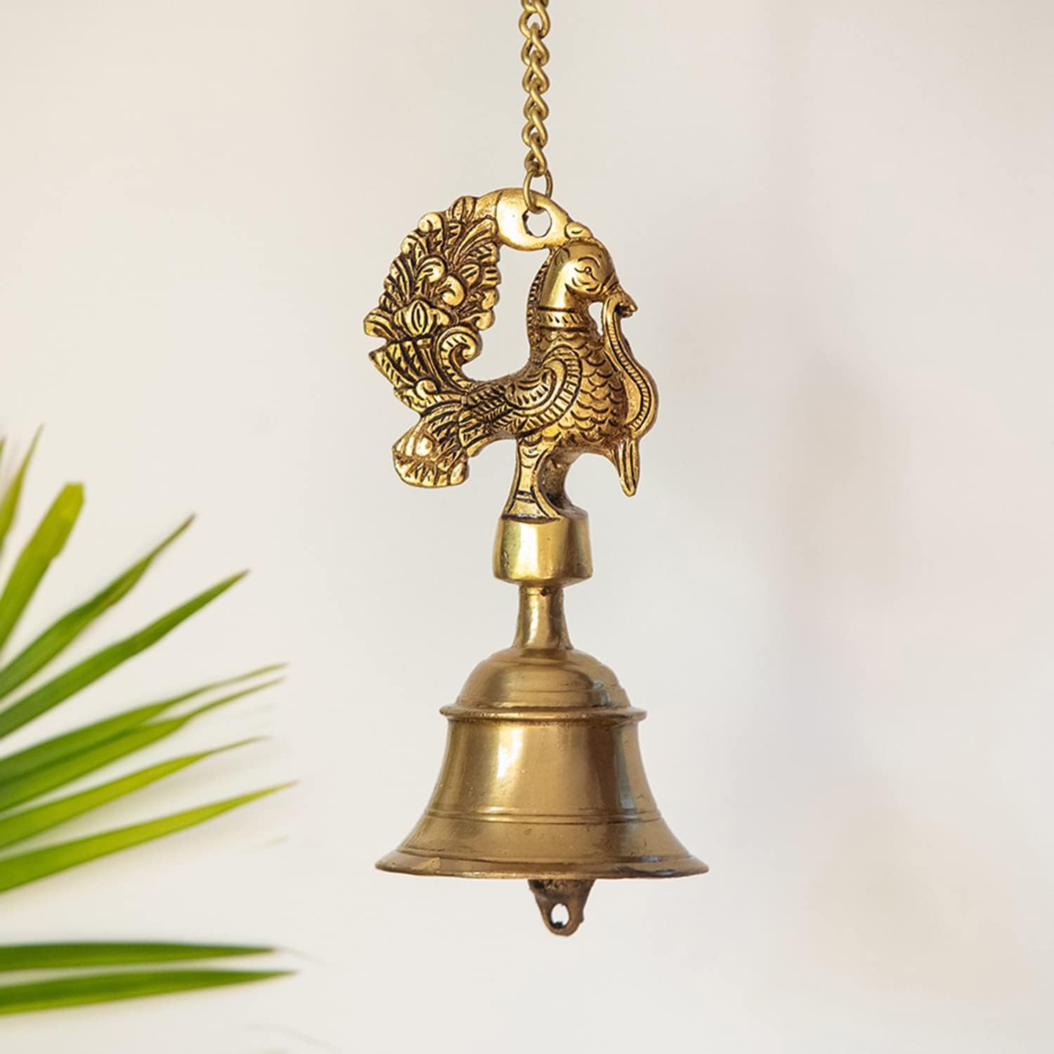 ExclusiveLane 'Elegant Peacock' Hand-Etched Decorative Hanging Bell In Brass (1139 Grams)