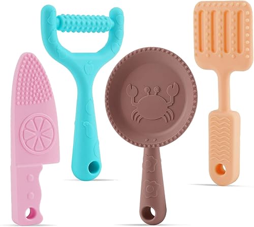 BPA-Free Silicone Baby Teething Toys, Kitchen teether Toys for Baby Girls and Boys, Chewing Toys for 6-12 Months Infants, Kids, 4 Pack