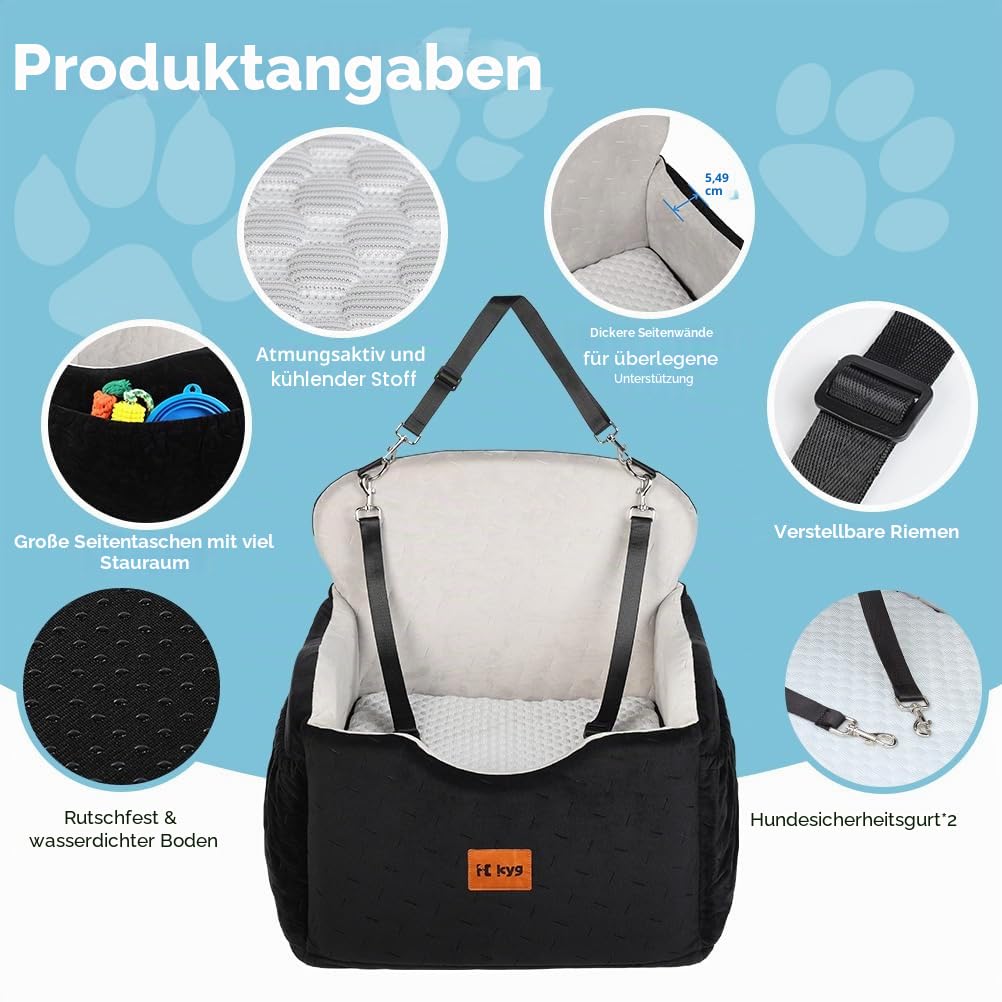 KYG Hunde Autositz für Kleine bis Mittlere Hunde unter 35 lbs | Ganzjährig nutzbar, Extra Stabiler, Waschbarer, Wasserdichter, Zwei Sitzkissen unterschiedlicher Höhe