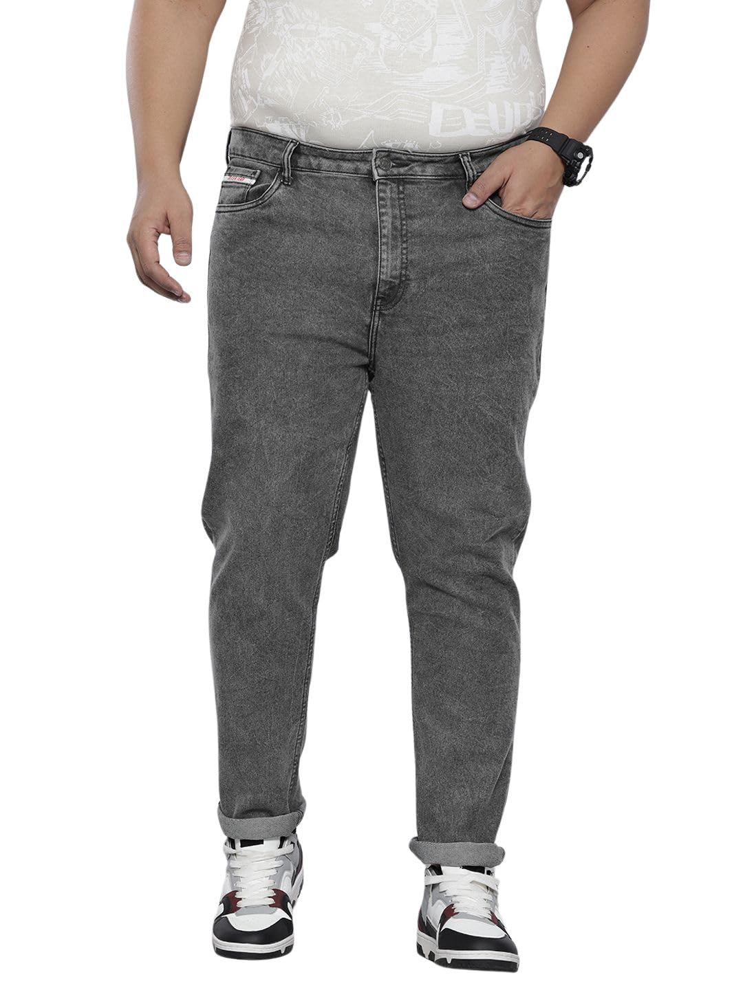 hardsoda by The Indian Garage Co Plus Size Men Slim Fit Solid Mid-Rise Jeans (Grey_44)-picture-34