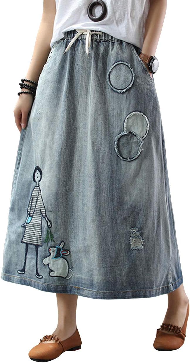 ebossy Womens Casual Long Jean Skirt Floral Print Embroidered Distressed Denim Maxi Skirts with Side Pockets