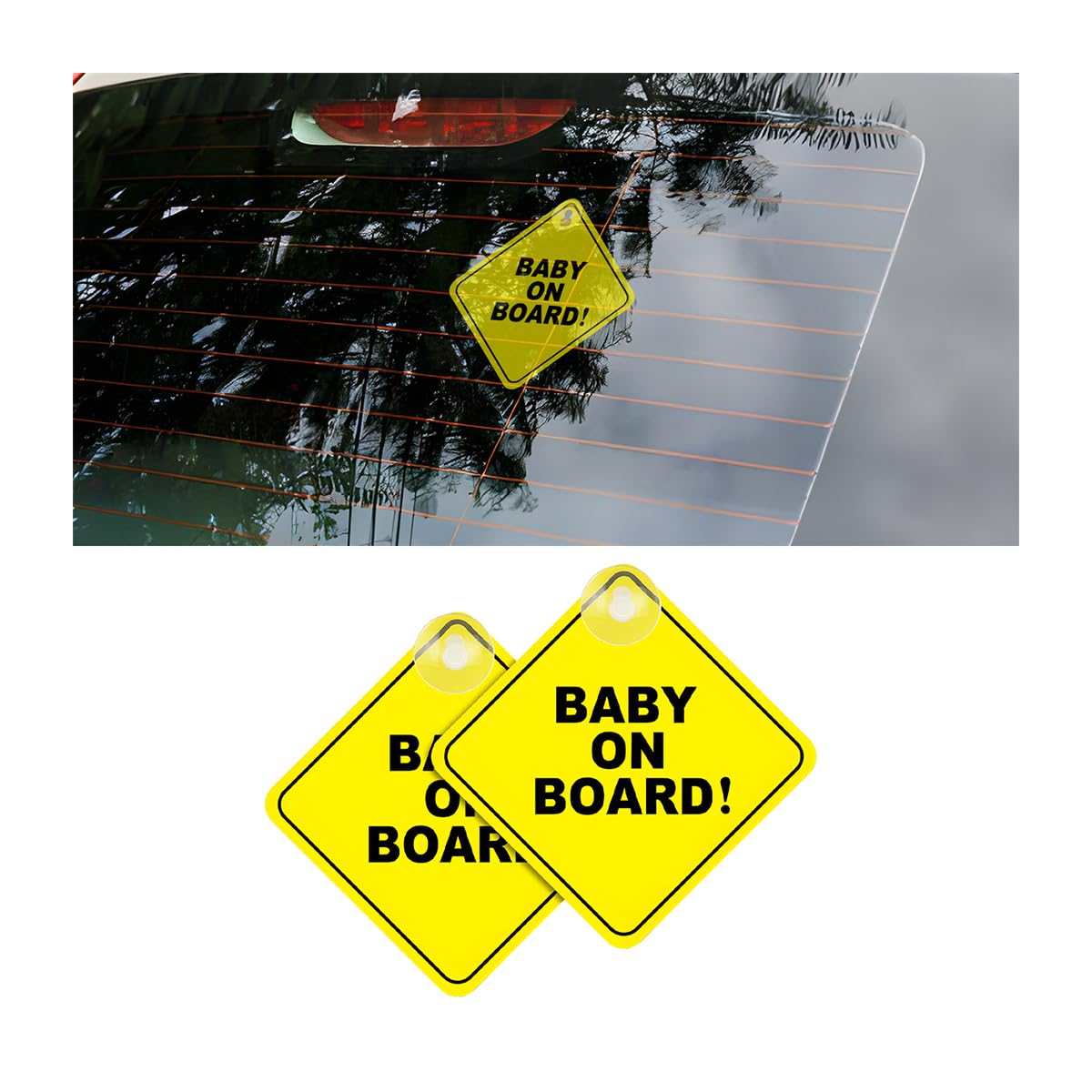 CGEAMDY Baby On Board Sticker Sign, 2 Pack Car Window Safety Warning Signs with Suction Cups, Bright Yellow Kids Safety Caution Board, Durable and Strong Baby On Board Decal, Car Accessories