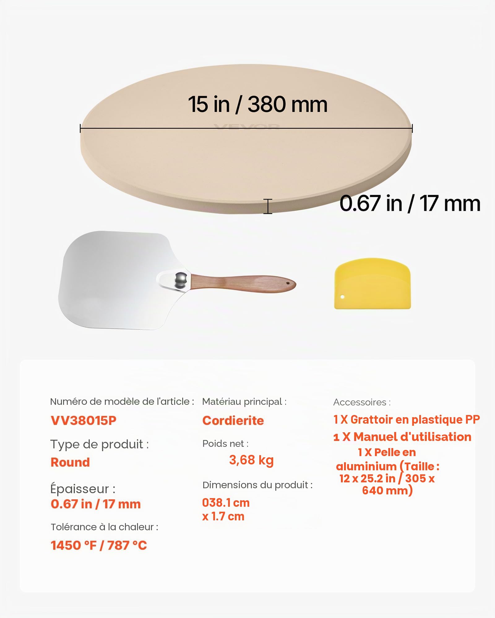 VEVOR Pierre à pizza ronde en cordiérite 38,1 cm, pierre de cuisson extra large avec pelle en aluminium et grattoir PP, résistante à la chaleur, épaisseur 1,7 cm, pour four, cuisson du pain, barbecue