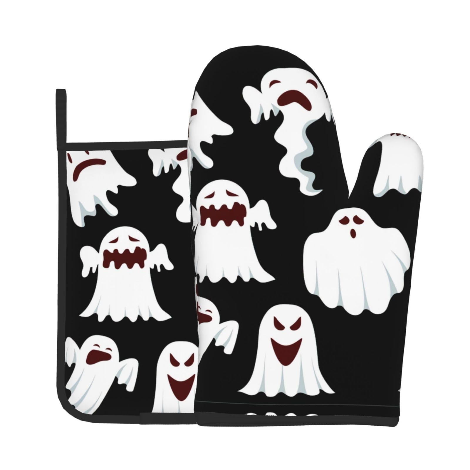 Funny White Ghost Kitchen Baking Two-Piece Set,Multipurpose Oven Gloves,Used for Barbecue Kitchen Baking